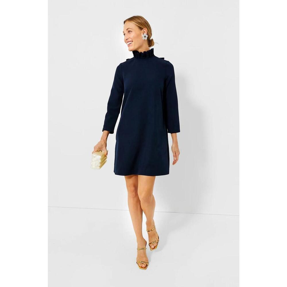 Tuckernuck Dress Womens Xxl Navy Blue Daphne High Neck Ruffle Minimalist Office